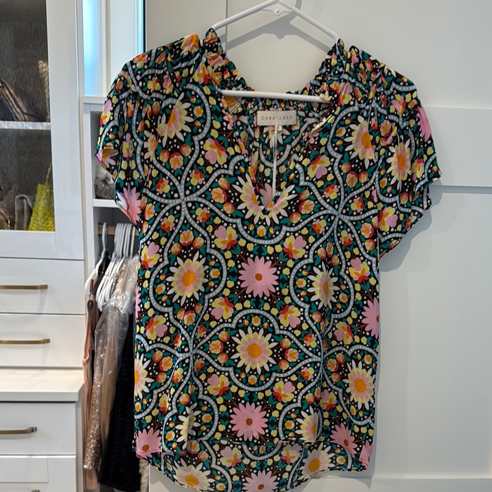 Orange Graphic Polo Collar Blouse